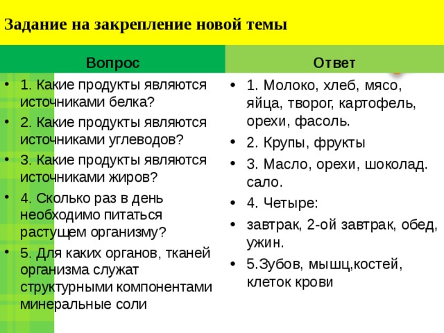 Задание на закрепление новой темы Вопрос Ответ