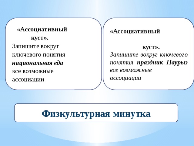 «Ассоциативный куст».  «Ассоциативный Запишите вокруг ключевого понятия национальная еда  все возможные ассоциации  куст».  Запишите вокруг ключевого понятия праздник Наурыз все возможные ассоциации Физкультурная минутка