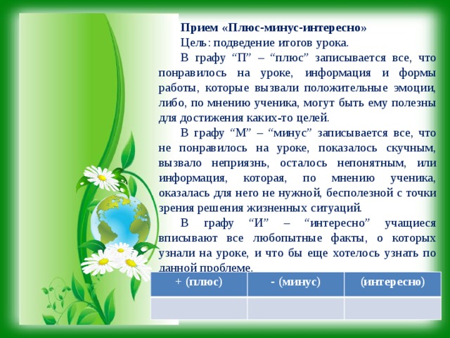 Прием «Плюс-минус-интересно»  Цель: подведение итогов урока. В графу “П” – “плюс” записывается все, что понравилось на уроке, информация и формы работы, которые вызвали положительные эмоции, либо, по мнению ученика, могут быть ему полезны для достижения каких-то целей. В графу “М” – “минус” записывается все, что не понравилось на уроке, показалось скучным, вызвало неприязнь, осталось непонятным, или информация, которая, по мнению ученика, оказалась для него не нужной, бесполезной с точки зрения решения жизненных ситуаций. В графу “И” – “интересно” учащиеся вписывают все любопытные факты, о которых узнали на уроке, и что бы еще хотелось узнать по данной проблеме.        + (плюс) - (минус) (интересно)