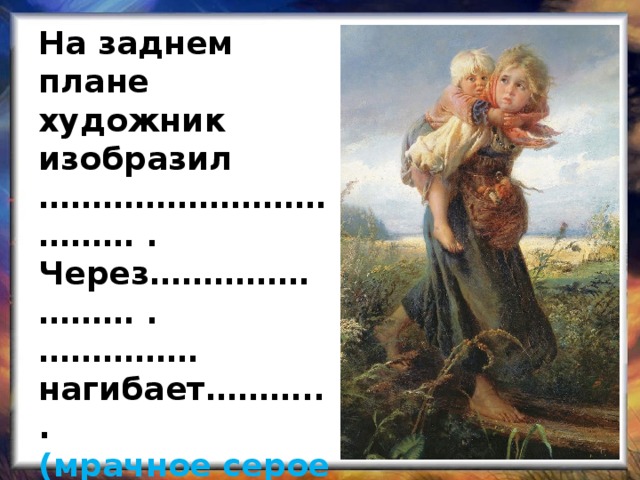 На заднем плане художник изобразил  ……………………………… . Через…………………… .  ……………нагибает……….. .  (мрачное серое небо, тучи, проникают лучи, сильный ветер, трава, деревья)