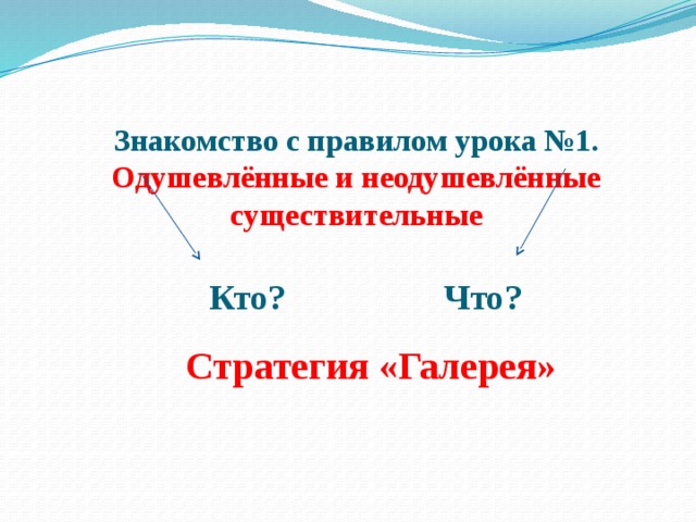 Знакомство с правилом урока №1. Одушевлённые и неодушевлённые существительные   Кто? Что?  Стратегия «Галерея»