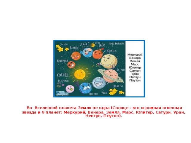 Во Вселенной планета Земля не одна (Солнце - это огромная огненная звезда и 9 планет: Меркурий, Венера, Земля, Марс, Юпитер, Сатурн, Уран, Нептун, Плутон).