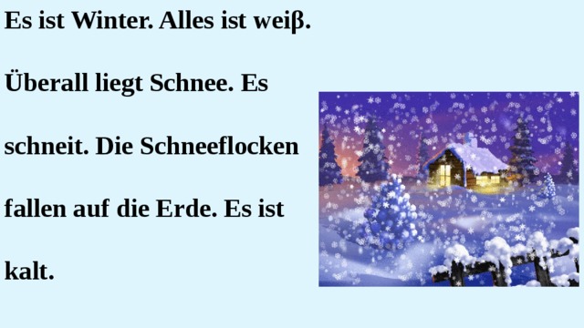 Es ist Winter. Alles ist weiβ. Überall liegt Schnee. Es schneit. Die Schneeflocken fallen auf die Erde. Es ist kalt.