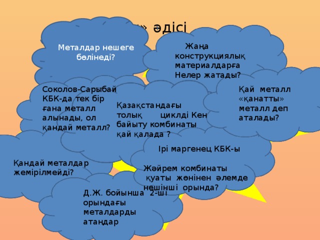 «Күн шуақ» әдісі Металдар нешеге бөлінеді?  Жаңа конструкциялық материалдарға Нелер жатады? Соколов-Сарыбай КБК-да тек бір ғана металл алынады, ол қандай металл? Қай металл «қанатты» металл деп аталады? Қазақстандағы толық циклді Кен байыту комбинаты қай қалада ?  Қандай металдар жемірілмейді?  Ірі маргенец КБК-ы Жәйрем комбинаты  қуаты жөнінен әлемде нешінші орында? Д.Ж. бойынша 2-ші орындағы металдарды атаңдар