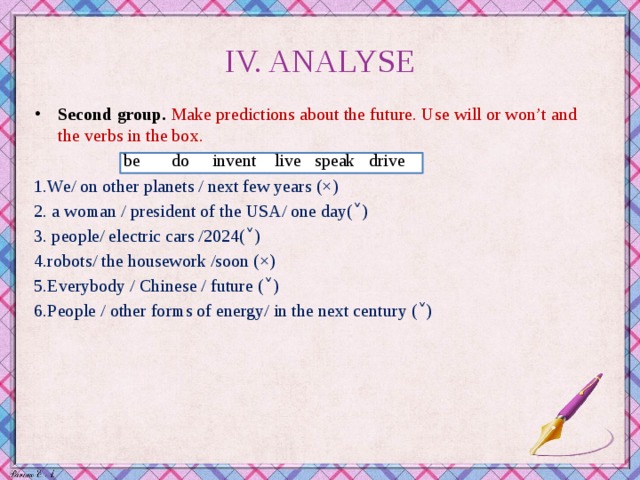 IV. ANALYSE Second group. Make predictions about the future. Use will or won’t and the verbs in the box.  be do invent live speak drive 1.We/ on other planets / next few years (×) 2. a woman / president of the USA/ one day(˅) 3. people/ electric cars /2024(˅) 4.robots/ the housework /soon (×) 5.Everybody / Chinese / future (˅) 6.People / other forms of energy/ in the next century (˅)