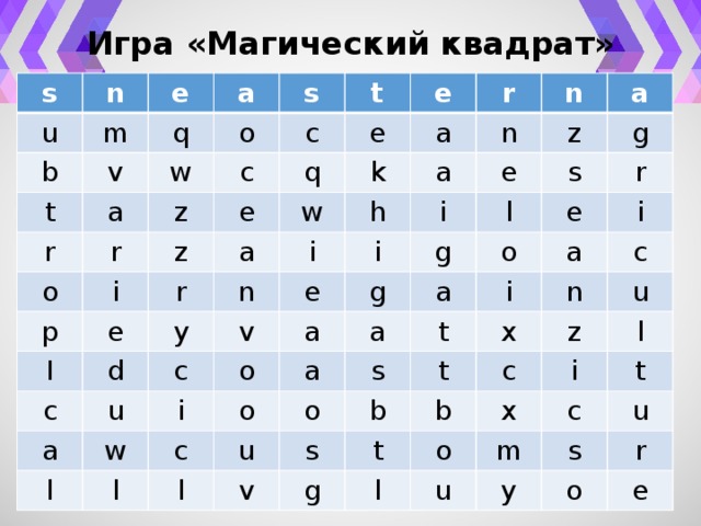 Игра «Магический квадрат» s n u b m e v a q t a w r o s t c z o r c e p z q i e e w r a r e k a I h a n n c i d n y v u a c e e i z a i g i g g w l s o l a c a r l a e a o o o t i s u l i a s v c b x t n g c t b u z x l i l o u m t c s u y r o e