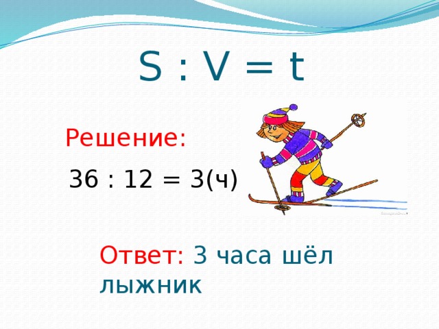S : V = t Решение: 36 : 12 = 3(ч) Ответ: 3 часа шёл лыжник