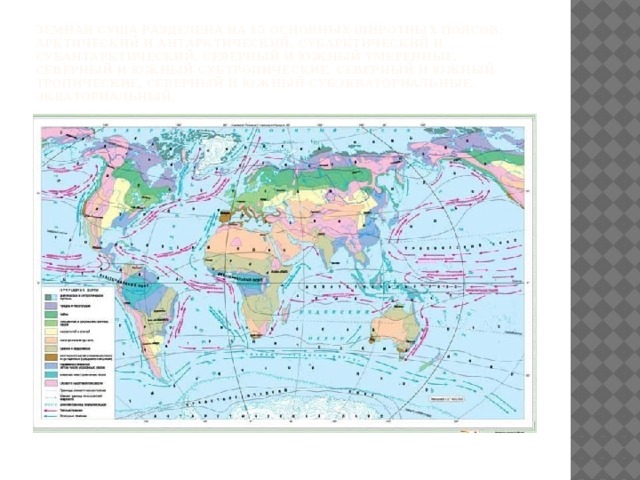 Земная суша разделена на 13 основных широтных поясов: арктический и антарктический, субарктический и субантарктический, северный и южный умеренные, северный и южный субтропические, северный и южный тропические, северный и южный субэкваториальные, экваториальный.