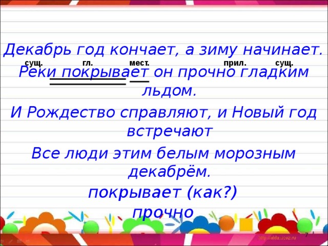 Декабрь год кончает, а зиму начинает. Реки покрывает он прочно гладким льдом. И Рождество справляют, и Новый год встречают Все люди этим белым морозным декабрём. сущ. гл. мест. сущ. прил. покрывает (как?) прочно