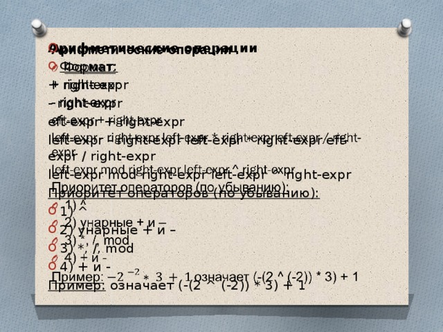 Арифметические операции   Формат: + right-expr - right-expr eft-expr + right-expr left-expr - right-expr left-expr * right-expr eft-expr / right-expr left-expr mod right-expr left-expr ^ right-expr Приоритет операторов (по убыванию): 1) ^ 2) унарные + и – 3) *, /, mod 4) + и - Пример:  означает (-(2 ^ (-2)) * 3) + 1