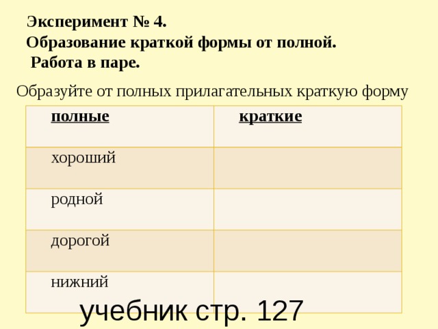 Эксперимент № 4.  Образование краткой формы от полной.  Работа в паре. Образуйте от полных прилагательных краткую форму   полные краткие хороший родной дорогой нижний учебник стр. 127