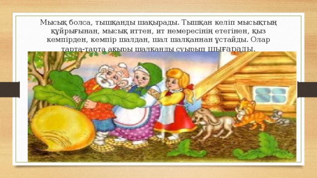 Мысық болса, тышқанды шақырады. Тышқан келіп мысықтың құйрығынан, мысық иттен, ит немересінің етегінен, қыз кемпірден, кемпір шалдан, шал шалқаннан ұстайды. Олар тарта-тарта ақыры шалқанды суырып шығарады.