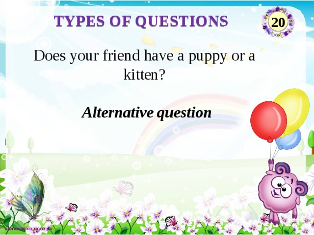 TYPES OF QUESTIONS 20 Does your friend have a puppy or a kitten? Alternative question