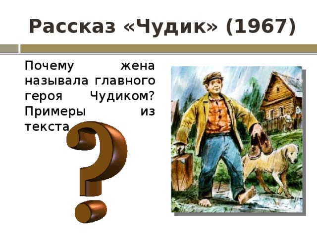 Рассказ «Чудик» (1967) Почему жена называла главного героя Чудиком? Примеры из текста.