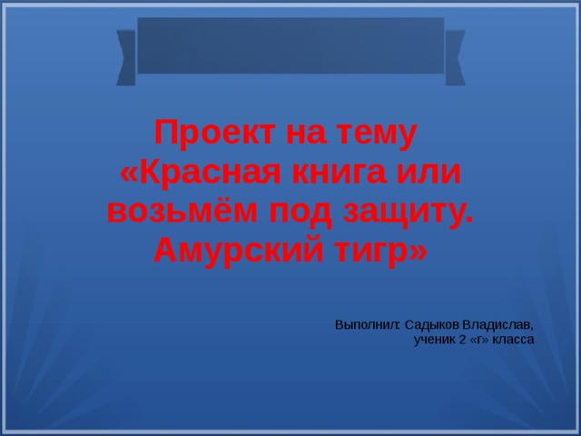 Проект на тему «Красная книга или возьмём под защиту. Амурский тигр»  Проект на тему «Красная книга или возьмём под защиту» Выполнил: Садыков Владислав, ученик 2 «г» класса