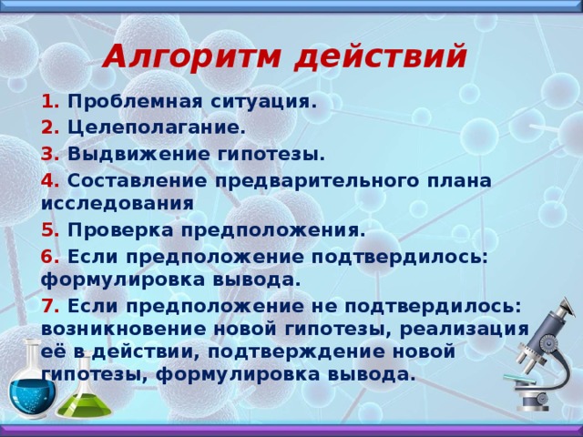 Алгоритм действий 1. Проблемная ситуация. 2. Целеполагание. 3. Выдвижение гипотезы. 4. Составление предварительного плана исследования 5. Проверка предположения. 6. Если предположение подтвердилось: формулировка вывода. 7. Если предположение не подтвердилось: возникновение новой гипотезы, реализация её в действии, подтверждение новой гипотезы, формулировка вывода.