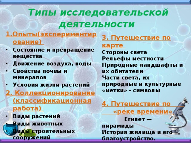 Типы исследовательской деятельности 1.Опыты(экспериментирование) Состояние и превращение вещества Движение воздуха, воды Свойства почвы и минералов Условия жизни растений 2. Коллекционирование (классификационная работа) Виды растений Виды животных Виды строительных сооружений Виды транспорта Виды профессий 3. Путешествие по карте Стороны света Рельефы местности Природные ландшафты и их обитатели Части света, их природные и культурные «метки» - символы  4. Путешествие по «реке времени»  Египет — пирамиды История жилища и его благоустройство.