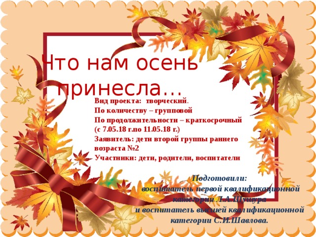 Что нам осень принесла… Вид проекта: творческий . По количеству – групповой По продолжительности – краткосрочный (с 7.05.18 г.по 11.05.18 г.) Заявитель: дети второй группы раннего возраста №2 Участники: дети, родители, воспитатели Подготовили:  воспитатель первой квалификационной категории Л.А.Шушура и воспитатель высшей квалификационной категории С.И.Шавлова.