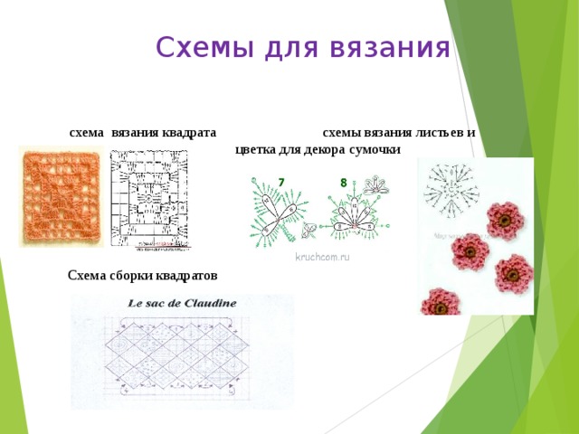 Схемы для вязания    схема вязания квадрата схемы вязания листьев и цветка для декора сумочки    Схема сборки квадратов