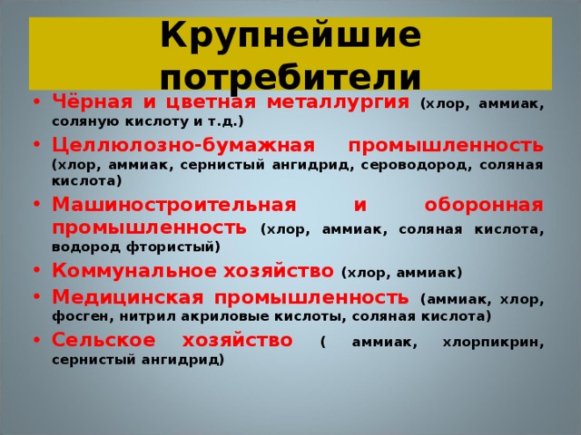 Крупнейшие потребители Чёрная и цветная металлургия (хлор, аммиак, соляную кислоту и т.д.) Целлюлозно-бумажная промышленность (хлор, аммиак, сернистый ангидрид, сероводород, соляная кислота) Машиностроительная и оборонная промышленность (хлор, аммиак, соляная кислота, водород фтористый) Коммунальное хозяйство (хлор, аммиак) Медицинская промышленность (аммиак, хлор, фосген, нитрил акриловые кислоты, соляная кислота) Сельское хозяйство ( аммиак, хлорпикрин, сернистый ангидрид)