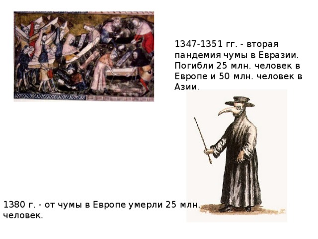 1347-1351 гг. - вторая пандемия чумы в Евразии. Погибли 25 млн. человек в Европе и 50 млн. человек в Азии. 1380 г. - от чумы в Европе умерли 25 млн. человек.