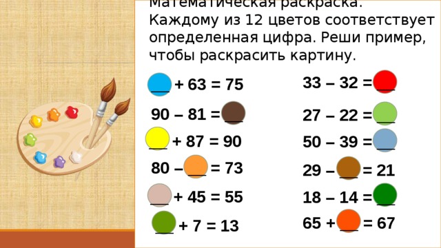 Математическая раскраска.  Каждому из 12 цветов соответствует определенная цифра. Реши пример, чтобы раскрасить картину. 33 – 32 = __ __ + 63 = 75 90 – 81 = __ 27 – 22 = __ __ + 87 = 90 50 – 39 = __ 80 – __ = 73 29 – __ = 21 __ + 45 = 55 18 – 14 = __ 65 + __ = 67 __ + 7 = 13