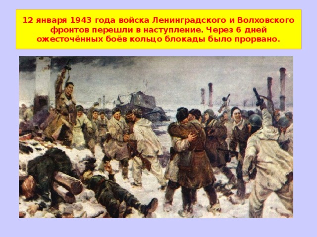12 января 1943 года войска Ленинградского и Волховского фронтов перешли в наступление. Через 6 дней ожесточённых боёв кольцо блокады было прорвано.