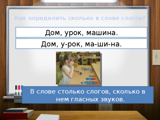 Как определить сколько в слове слогов? Дом, урок, машина. Дом, у-рок, ма-ши-на. В слове столько слогов, сколько в нем гласных звуков.