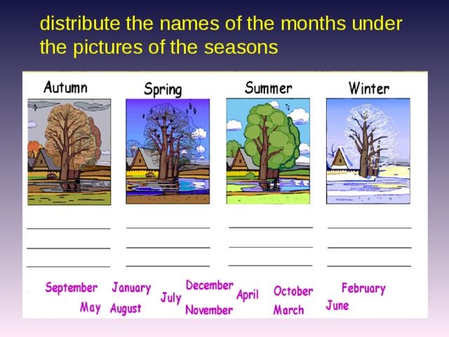 distribute the names of the months under the pictures of the seasons