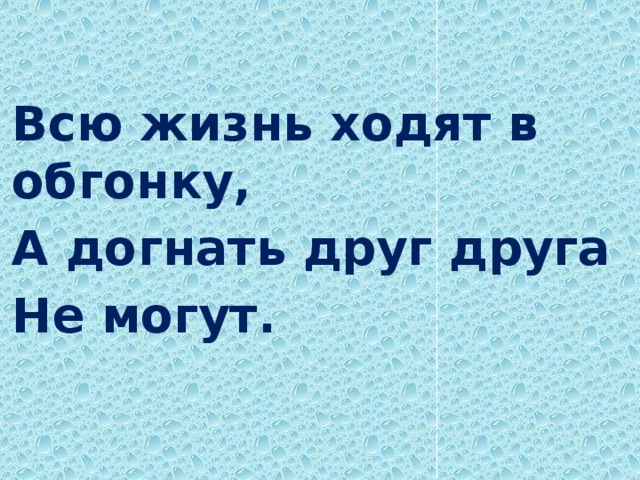 Всю жизнь ходят в обгонку, А догнать друг друга Не могут.