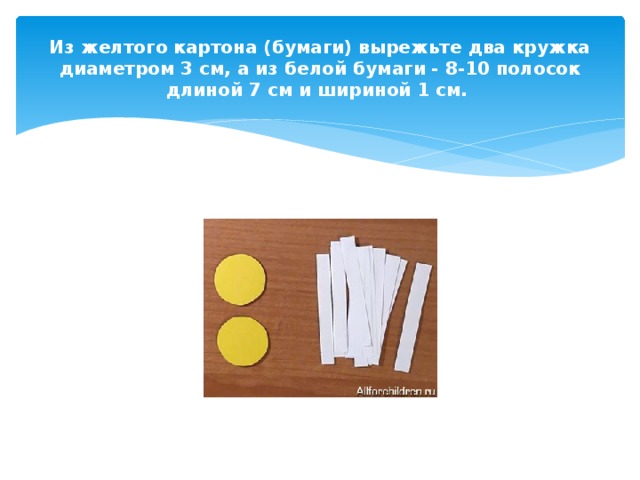 Из желтого картона (бумаги) вырежьте два кружка диаметром 3 см, а из белой бумаги - 8-10 полосок длиной 7 см и шириной 1 см.