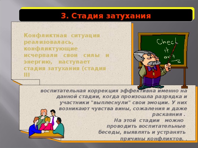 3. Стадия затухания Конфликтная ситуация реализовалась, конфликтующие исчерпали свои силы и энергию, наступает стадия затухания (стадия III  воспитательная коррекция эффективна именно на данной стадии, когда произошла разрядка и участники 