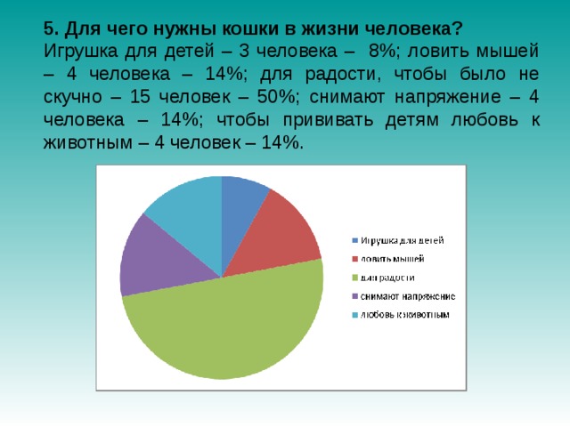 5. Для чего нужны кошки в жизни человека? Игрушка для детей – 3 человека – 8%; ловить мышей – 4 человека – 14%; для радости, чтобы было не скучно – 15 человек – 50%; снимают напряжение – 4 человека – 14%; чтобы прививать детям любовь к животным – 4 человек – 14%.