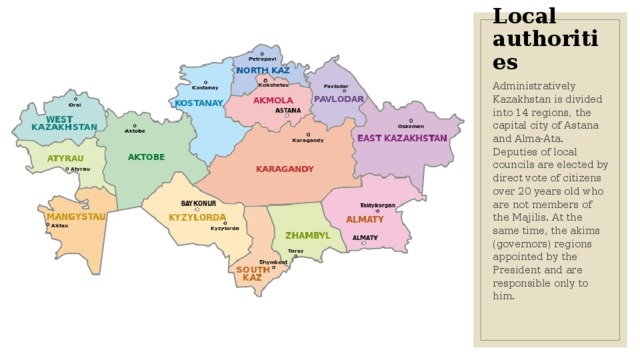 Local authorities Administratively Kazakhstan is divided into 14 regions, the capital city of Astana and Alma-Ata. Deputies of local councils are elected by direct vote of citizens over 20 years old who are not members of the Majilis. At the same time, the akims (governors) regions appointed by the President and are responsible only to him.