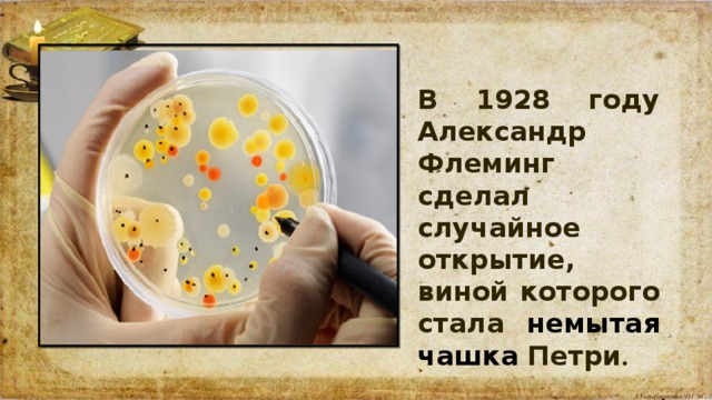 В 1928 году Александр Флеминг сделал случайное открытие, виной которого стала немытая чашка Петри .