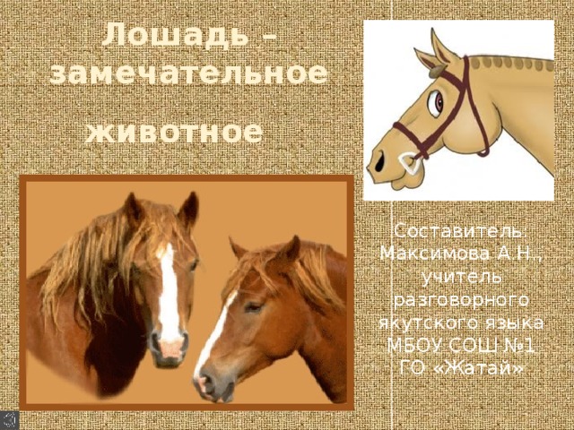 Лошадь – замечательное животное  Составитель: Максимова А.Н., учитель разговорного якутского языка МБОУ СОШ №1 ГО «Жатай»