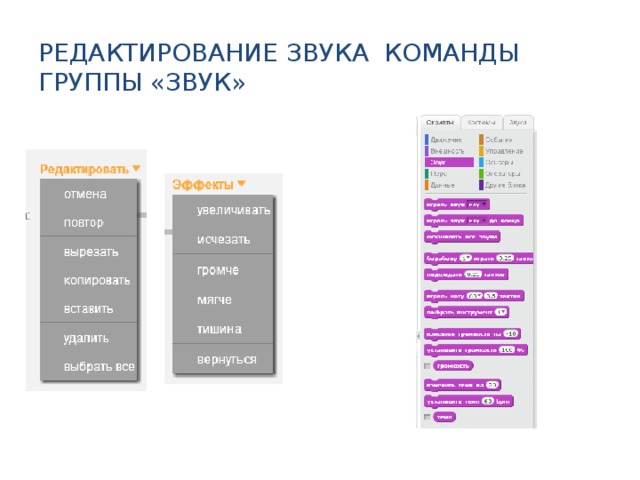 Редактирование звука Команды группы «Звук» Это все можно показывать прямо в редакторе Scratch