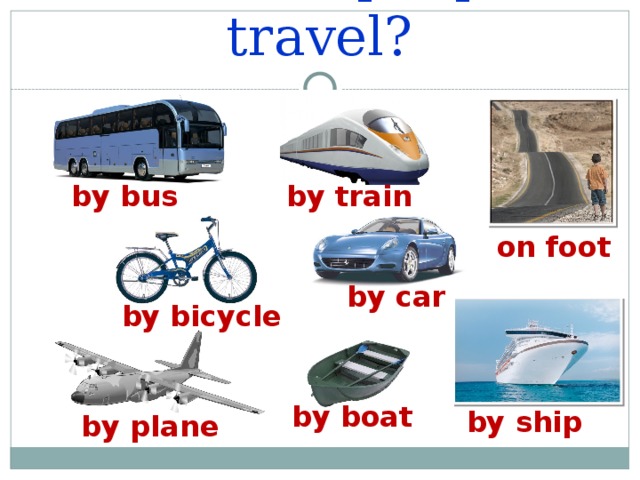 How can people travel? by bus by train on foot by car by bicycle by boat by ship by plane