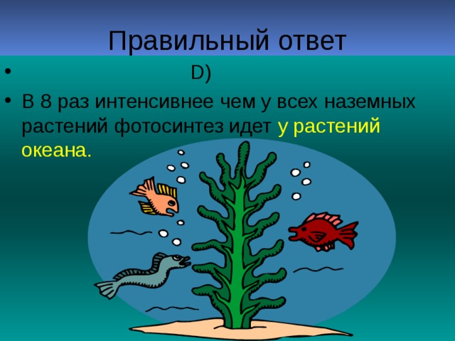 D) В 8 раз интенсивнее чем у всех наземных растений фотосинтез идет у растений  океана.
