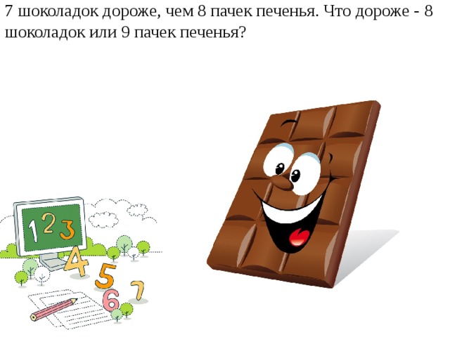 7 шоколадок дороже, чем 8 пачек печенья. Что дороже - 8 шоколадок или 9 пачек печенья?