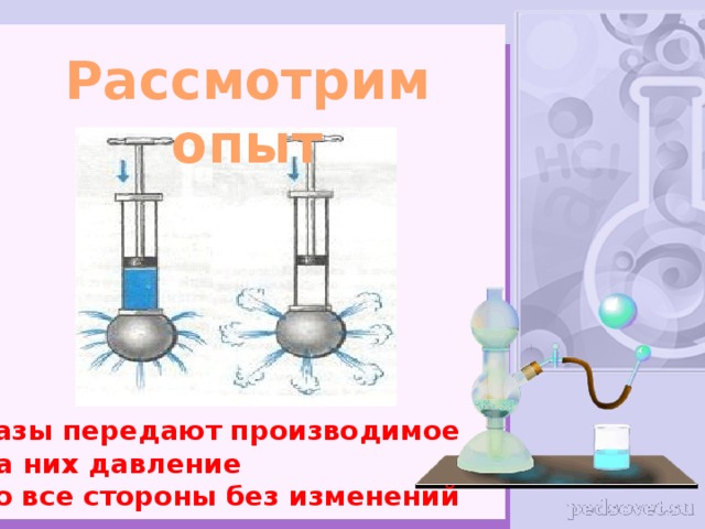 Рассмотрим опыт Газы передают производимое на них давление во все стороны без изменений