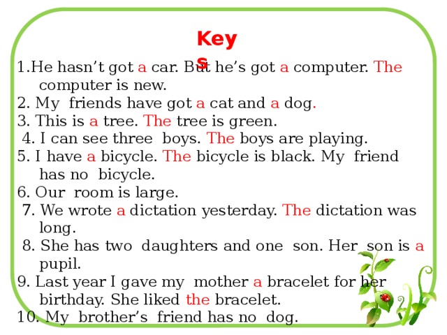 Keys 1.He hasn’t got a car. But he’s got a computer. The computer is new. 2. My friends have got a cat and a dog . 3. This is a tree. The tree is green.  4. I can see three boys. The boys are playing. 5. I have a bicycle. The bicycle is black. My friend has no bicycle. 6. Our room is large.  7. We wrote a dictation yesterday. The dictation was long.  8. She has two daughters and one son. Her son is a pupil. 9. Last year I gave my mother a bracelet for her birthday. She liked the bracelet. 10. My brother’s friend has no dog.