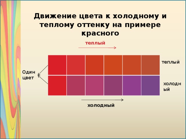 Движение цвета к холодному и теплому оттенку на примере красного теплый теплый Один цвет холодный холодный