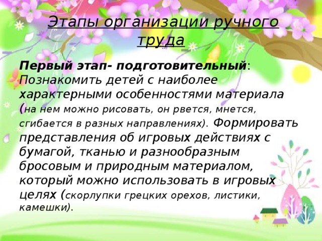 Этапы организации ручного труда Первый этап- подготовительный : Познакомить детей с наиболее характерными особенностями материала ( на нем можно рисовать, он рвется, мнется, сгибается в разных направлениях). Формировать представления об игровых действиях с бумагой, тканью и разнообразным бросовым и природным материалом, который можно использовать в игровых целях ( скорлупки грецких орехов, листики, камешки).