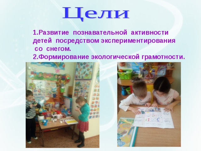 1.Развитие познавательной активности детей посредством экспериментирования  со снегом. 2.Формирование экологической грамотности.   .
