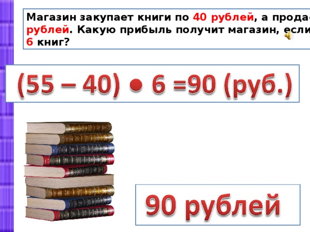Магазин закупает книги по 40 рублей , а продаёт по 55 рублей . Какую прибыль получит магазин, если продаст 6 книг?