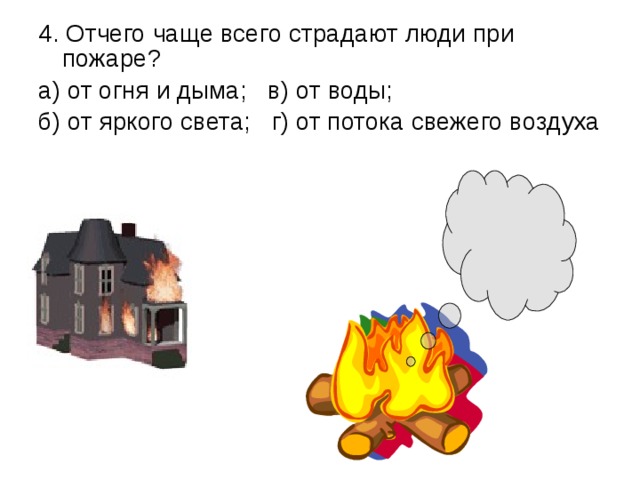 4. Отчего чаще всего страдают люди при пожаре? а) от огня и дыма; в) от воды; б) от яркого света; г) от потока свежего воздуха