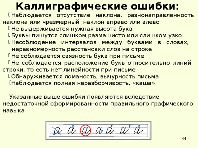 Каллиграфические ошибки: Наблюдается отсутствие наклона, разнонаправленность наклона или чрезмерный наклон вправо или влево Не выдерживается нужная высота букв Буквы пишутся слишком размашисто или слишком узко Несоблюдение интервалов между буквами в словах,  неравномерность расстановки слов на строке Не соблюдается связность букв при письме Не соблюдается расположение букв относительно линий строки, то есть нет линейности при письме Обнаруживается ломаность, вычурность письма Наблюдается полная неразборчивость, «каша»   Указанные выше ошибки появляются вследствие недостаточной сформированности правильного графического навыка