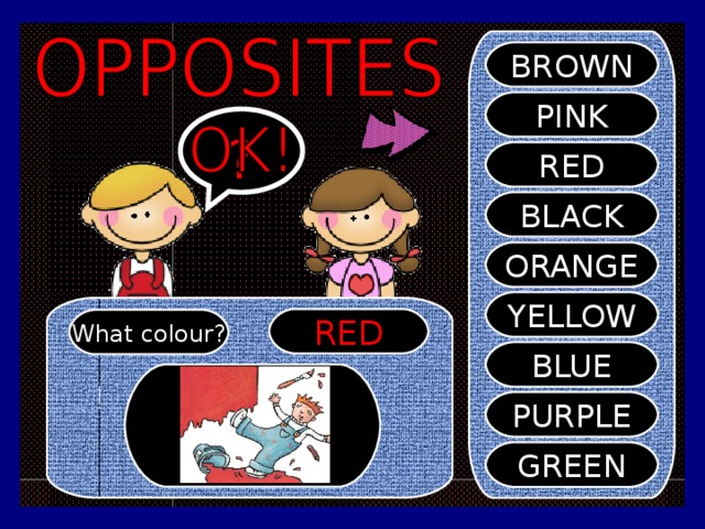 BROWN PINK ? RED BLACK ORANGE YELLOW RED What colour? BLUE PURPLE GREEN