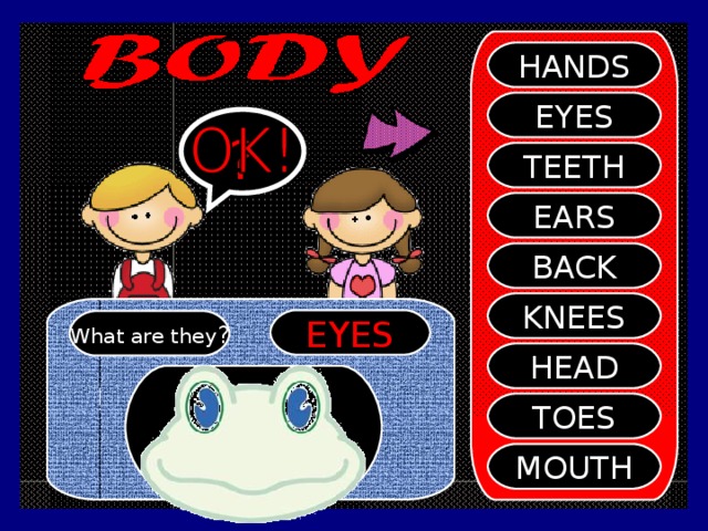 HANDS EYES ? TEETH EARS BACK KNEES EYES What are they ? HEAD TOES MOUTH